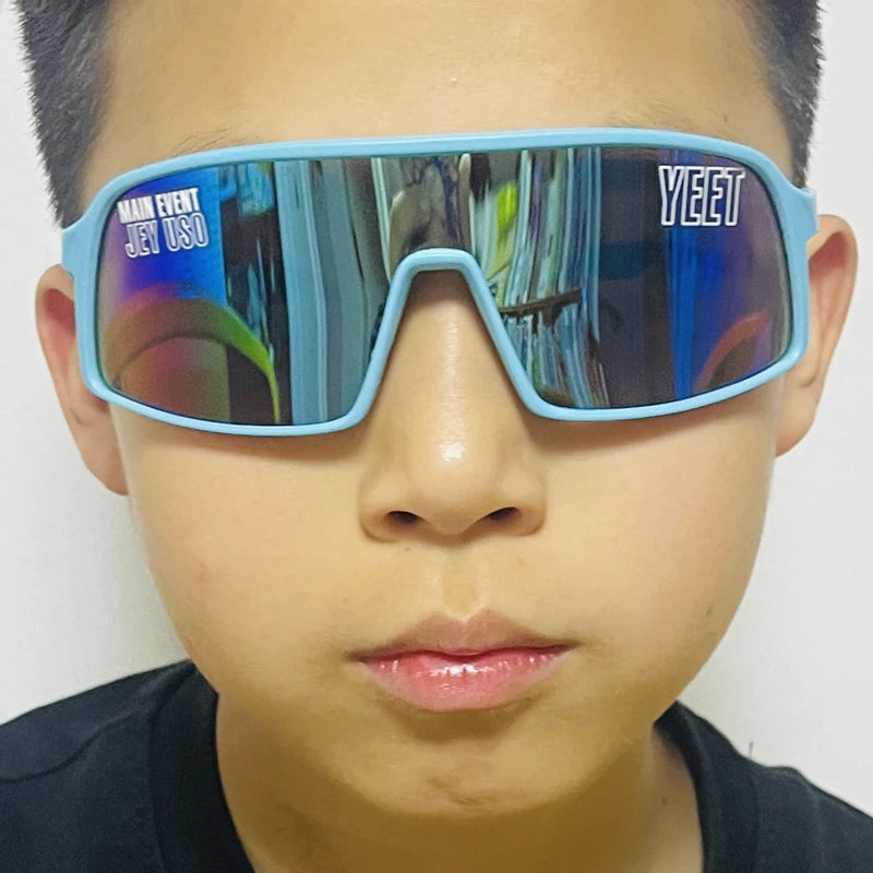 YEET Graphic Sunglasses with Jey Uso Main Event Lettering, Colorful Shield-Style Fan Shades in Children's and Adult Options for Party Outfits