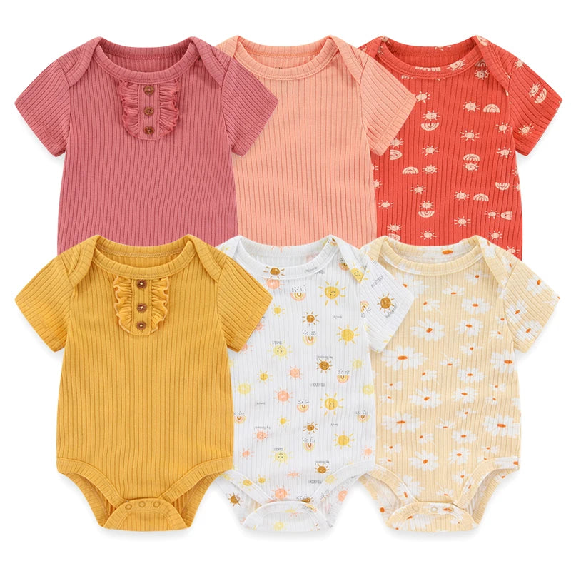Baby Cotton Bodysuit Set, 6-Piece Short Sleeve Outfits with Envelope Shoulders and Snap Crotch for Boys and Girls, Sizes 3M-12M