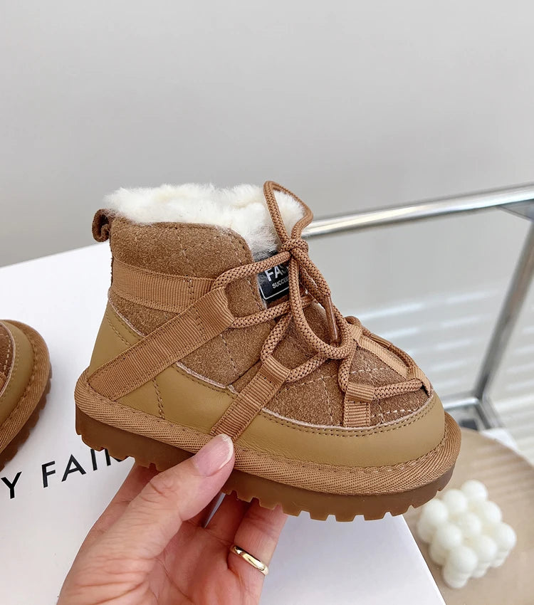 Plush-Lined Toddler Ankle Boots with Lace-Up Front and Side Zipper, Camel or Black Winter Shoes for Boys and Girls, Sizes 18-30