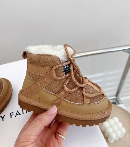 Plush-Lined Toddler Ankle Boots with Lace-Up Front and Side Zipper, Camel or Black Winter Shoes for Boys and Girls, Sizes 18-30