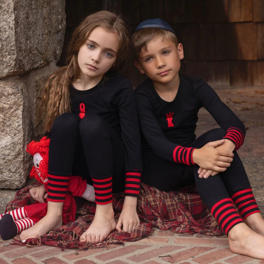 Black and Red Kids Matching Outfits with Striped Cuffs, Cotton Baby Romper, Boys and Girls Sets and Long Dress Options for Autumn Sibling Photos