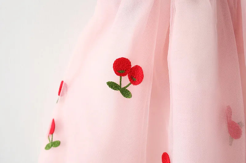 Baby Girl Cherry Dress, Pink or White Layered Skirt with Blue Ruffle Shoulder Straps and Front Bow for Summer Parties and Birthday Photos