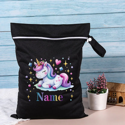 Dinosaur Wet Bag with Personalized Name Design, 40 x 28 cm Polyester Diaper Storage Pouch with Waterproof Membrane for Swimwear and Kids Essentials