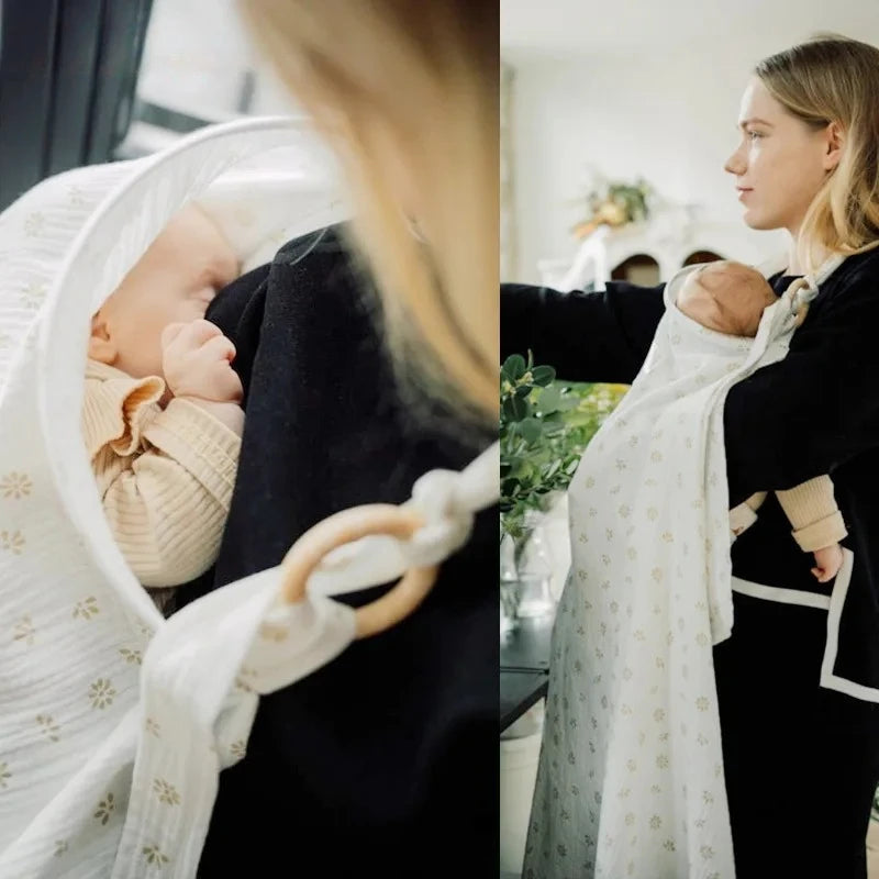 Cotton Nursing Cover with Adjustable Metal Buckle, Breathfeeding Privacy Shawl in Floral, Leaf and Leopard Prints for Moms on the Go