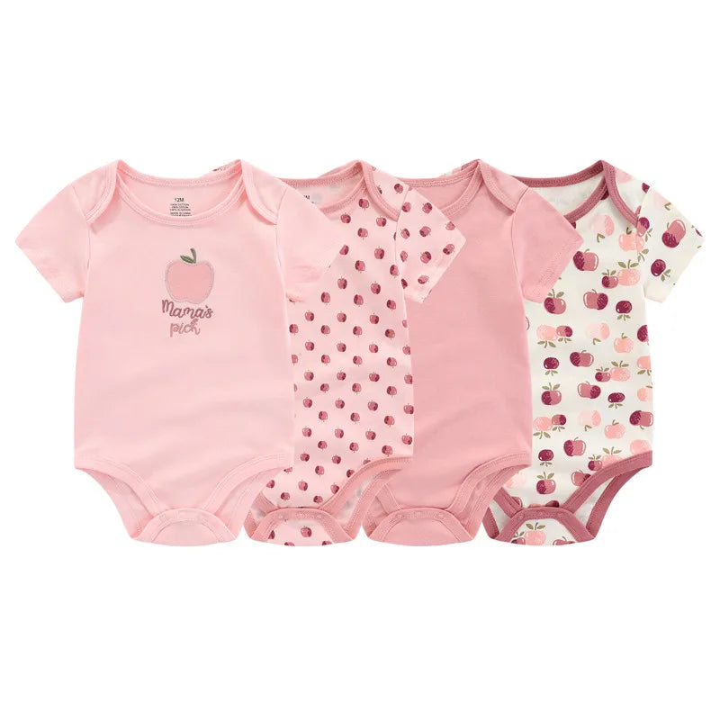 Cotton Baby Bodysuit 4-Piece Set by Kiddiezoom, Short Sleeve Infant Outfits with Envelope Shoulders, Snap Bottoms and Mixed Designs, 3M-12M