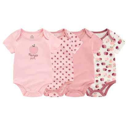 Cotton Baby Bodysuit 4-Piece Set by Kiddiezoom, Short Sleeve Infant Outfits with Envelope Shoulders, Snap Bottoms and Mixed Designs, 3M-12M