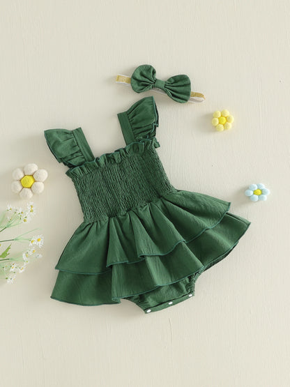 Tiered Baby Girl Romper Dress with Bow Headband, Smocked Cotton Blend Bodice and Flutter Straps, Solid Color Summer Outfit for 0-18 Months