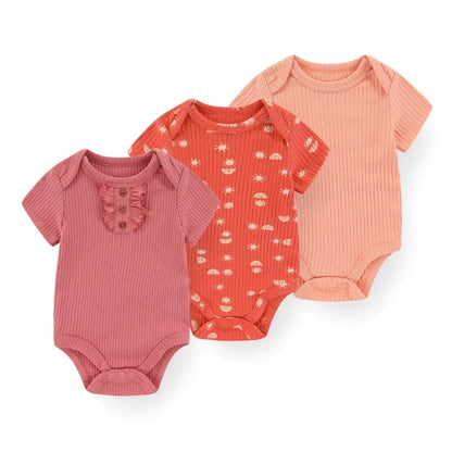 Cotton Infant Bodysuit Trio with Short Sleeves, Printed and Solid Baby One-Piece Outfits with Bottom Snaps for Boys and Girls, 3M-12M