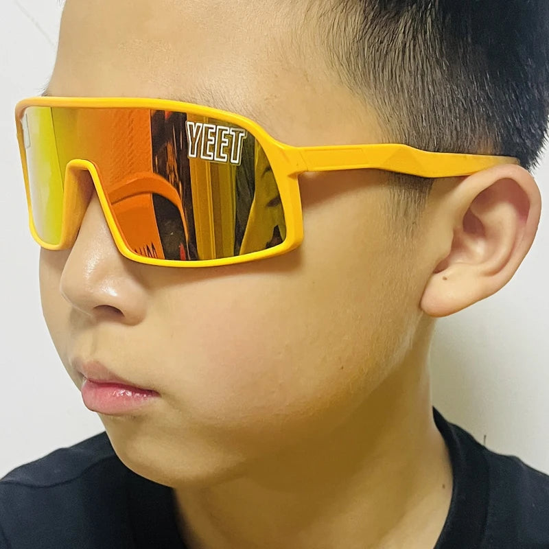 YEET Graphic Sunglasses with Jey Uso Main Event Lettering, Colorful Shield-Style Fan Shades in Children's and Adult Options for Party Outfits