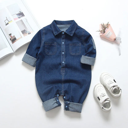 Collared Baby Denim Romper by IENENS with Chest Pockets and Snap Fastenings, Blue Long Sleeve One-Piece Outfit for Boys and Girls in 0-18M Sizes