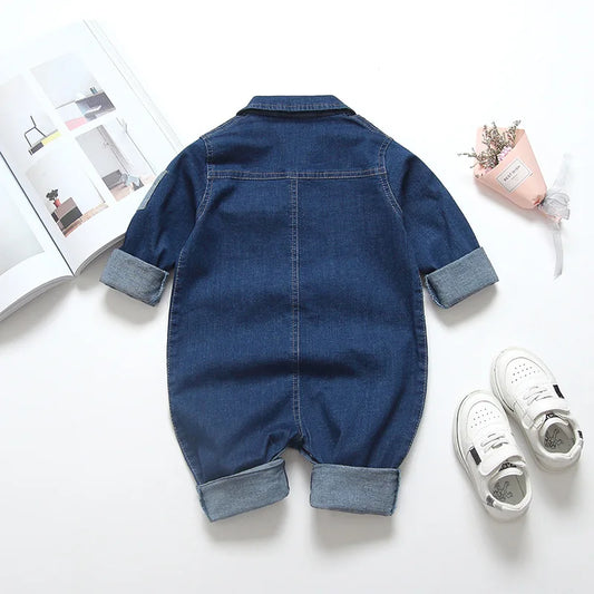 Collared Baby Denim Romper by IENENS with Chest Pockets and Snap Fastenings, Blue Long Sleeve One-Piece Outfit for Boys and Girls in 0-18M Sizes
