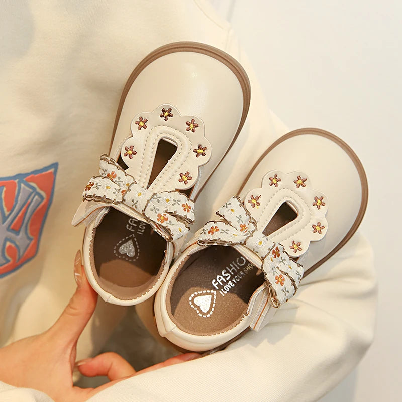 Girls Floral Bow T-Strap Shoes with Scalloped Flower Details and Round Toe, Black or Beige Dress Flats for School Outfits, Parties and Photos
