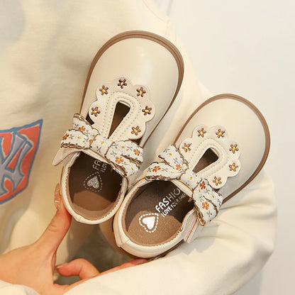 Girls Floral Bow T-Strap Shoes with Scalloped Flower Details and Round Toe, Black or Beige Dress Flats for School Outfits, Parties and Photos