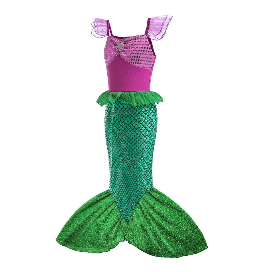Mermaid Costume Dress for Girls with Purple Bodice, Green Scale-Pattern Skirt and Fishtail Hem for Birthdays, Halloween and Princess Dress-Up