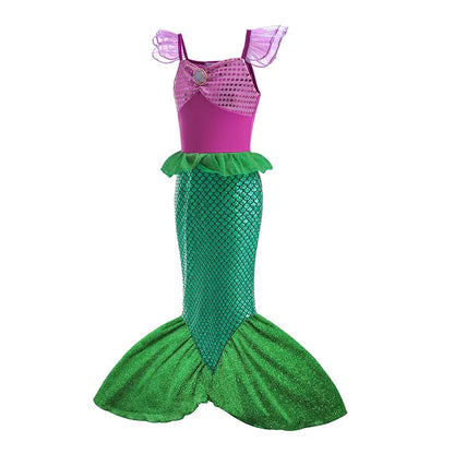 Mermaid Costume Dress for Girls with Purple Bodice, Green Scale-Pattern Skirt and Fishtail Hem for Birthdays, Halloween and Princess Dress-Up