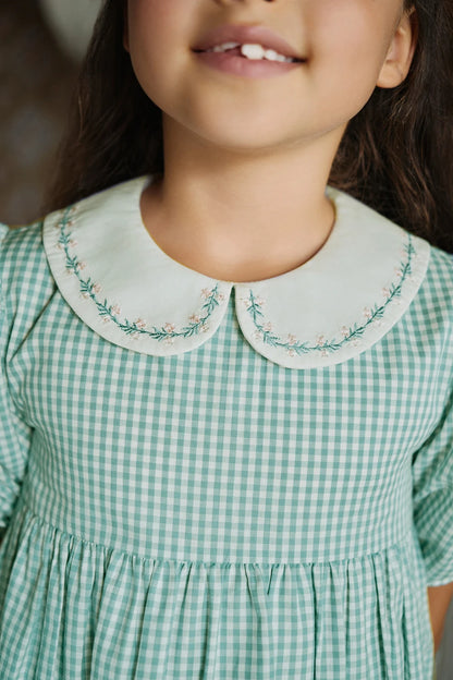 Sage Green Gingham Kids Outfits with Cotton Girls Dress and Baby Romper Options, Lyocell Knit Layers and Boys Separates for Sibling Family Photos