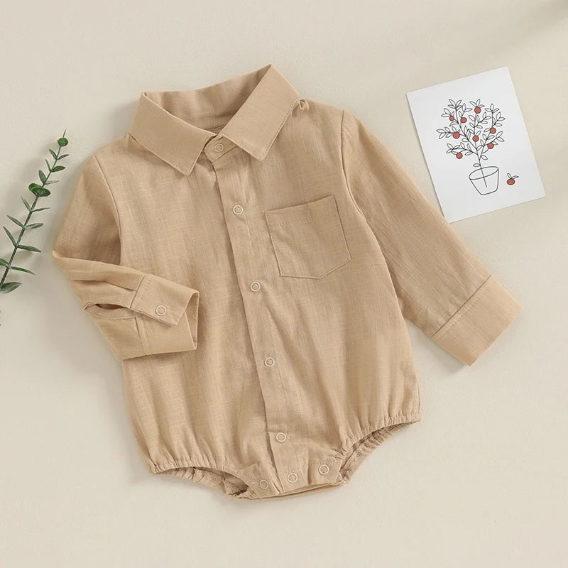 Baby Boy Collared Romper with Long Sleeves, Chest Pocket and Snap Front, Solid Color Cotton Blend Gentleman Outfit for Photos, 0-24 Months