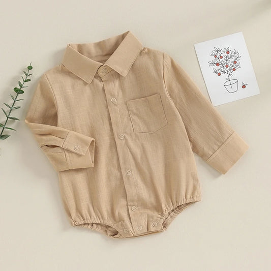 Baby Boy Collared Romper with Long Sleeves, Chest Pocket and Snap Front, Solid Color Cotton Blend Gentleman Outfit for Photos, 0-24 Months