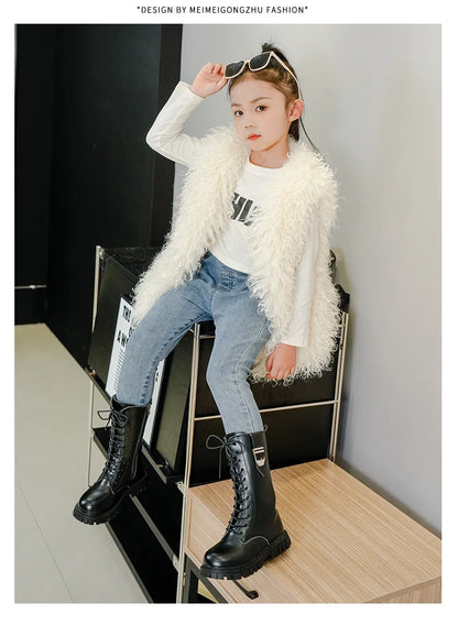 Girls Buckle Detail Tall Boots with Lace-Up Front and Side Zippers, Chunky Lug-Style Soles and Round Toes for Casual Fall Outfits