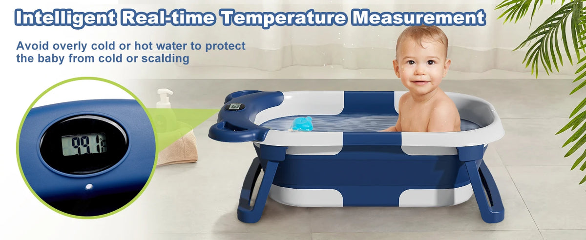 Travel Baby Bathtub with Thermometer and Soft Floating Cushion, Collapsible PP and TPE Bath Tub with Drain Plug for Supervised Infant and Toddler Bathing