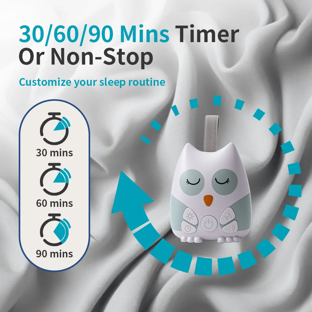 Owl White Noise Machine with 30 Sounds, USB-C Rechargeable 500mAh Battery and 30/60/90-Minute Timer for Nursery Bedtime and Travel
