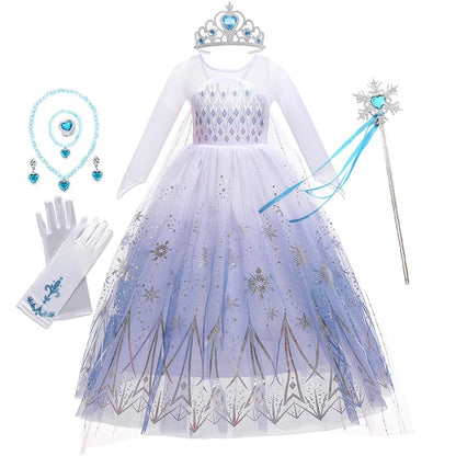 White Snowflake Princess Dress for Girls with Sheer Long Sleeves and Flowing Mesh Skirt, Snow Queen Costume for Birthdays and Halloween