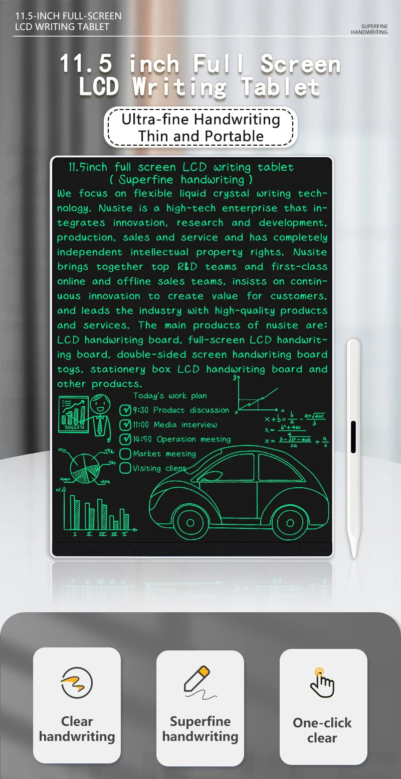 Fine-Line LCD Writing Tablet, 11.5-Inch Full-Screen Drawing Board with Magnetic Stylus for Kids Handwriting Practice, Math and Family Memos