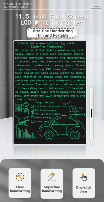 Fine-Line LCD Writing Tablet, 11.5-Inch Full-Screen Drawing Board with Magnetic Stylus for Kids Handwriting Practice, Math and Family Memos