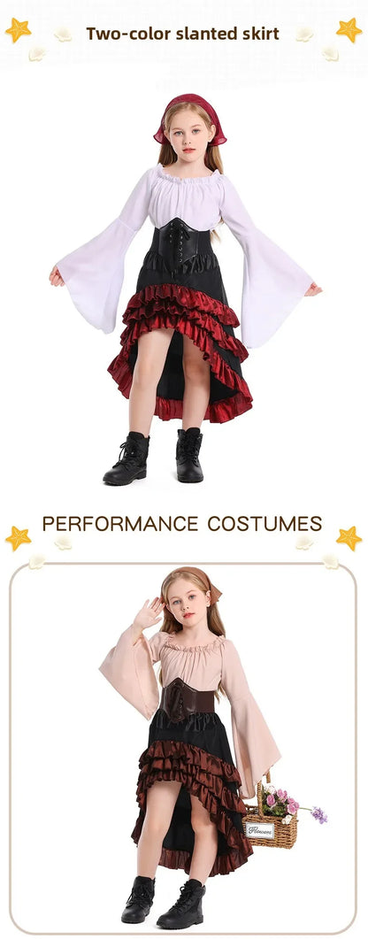 Girls Pirate Costume Set with Bell Sleeve Blouse, High-Low Skirt, Head Scarf and Lace-Up Waistband for Halloween and Dress-Up Parties