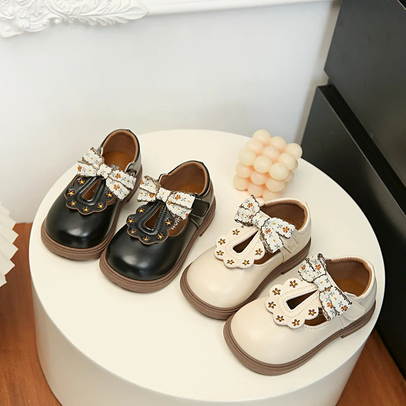 Girls Floral Bow T-Strap Shoes with Scalloped Flower Details and Round Toe, Black or Beige Dress Flats for School Outfits, Parties and Photos