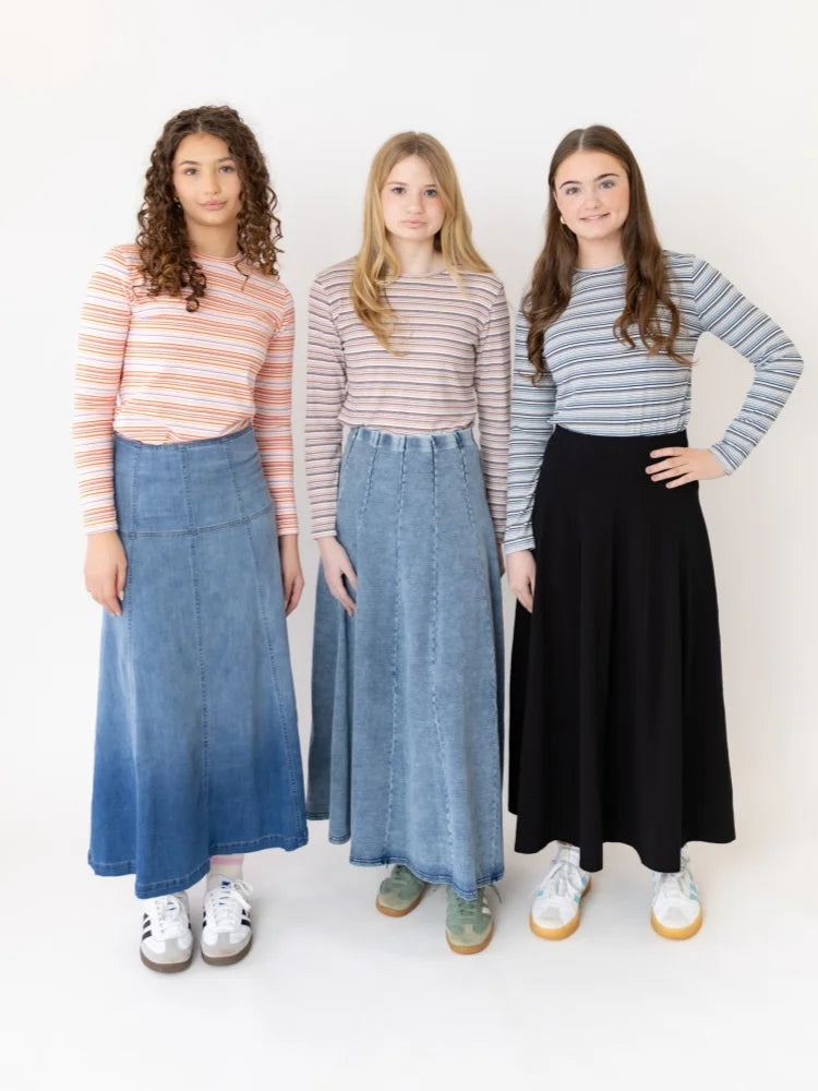 Denim Panel Pleated Skirt for Girls, Teens and Women, Washed Blue and Gray Cotton Styles with Black Jersey Option for Everyday Casual Outfits