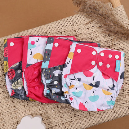 Pocket Cloth Diapers 4-Pack by Happyflute, Reusable Baby Nappies with Printed PUL Outer, Suede Cloth Lining and Snap Closures for 3–15 kg