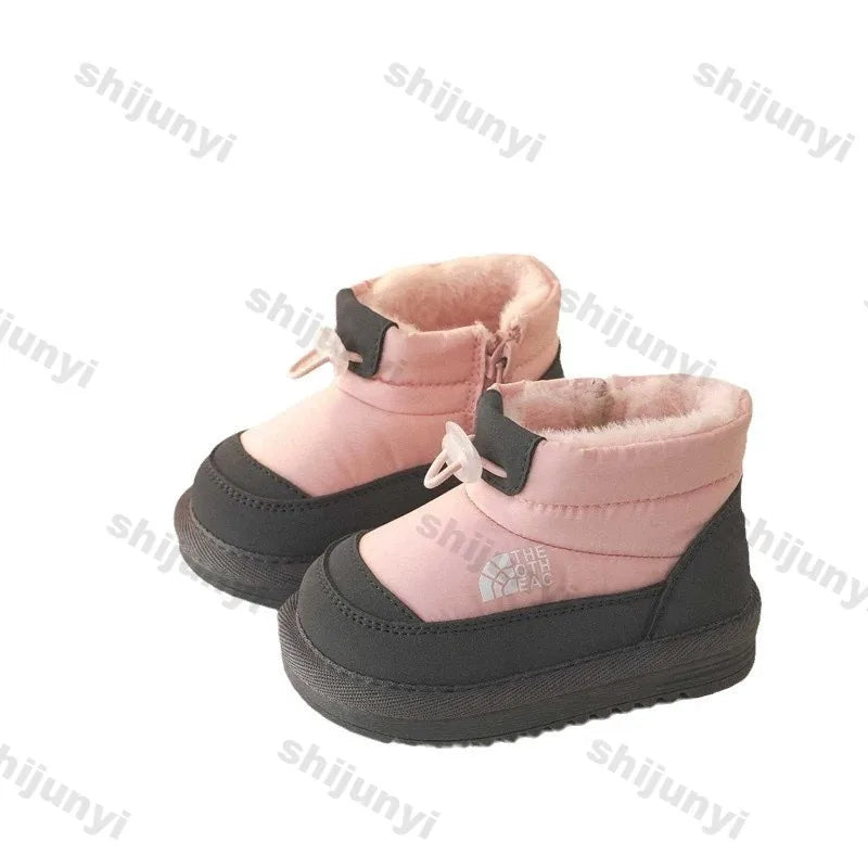 Plush-Lined Kids Snow Boots with Side Zippers and Chunky Platform Soles, Boys and Girls Winter Ankle Boots in Pink, Black and Ivory