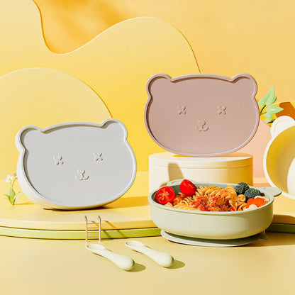 Bear-Shaped Silicone Baby Plate with Lid, Anti-Slip Feeding Dish with Raised Sides for Supervised Infant and Toddler Meals in Four Colors