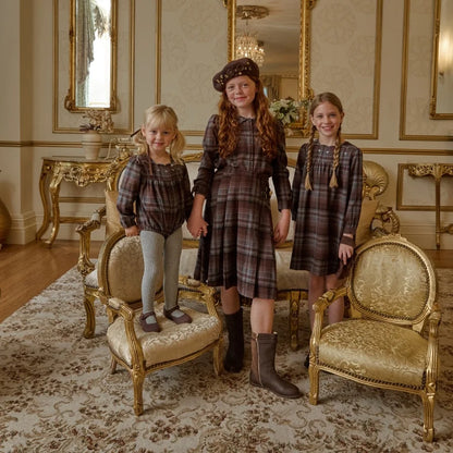 Sibling Matching Brown Plaid Clothing with Dress, Romper, Pants and Knitwear Options, AS AW26 Chestnut Styles for Babies, Kids and Teens