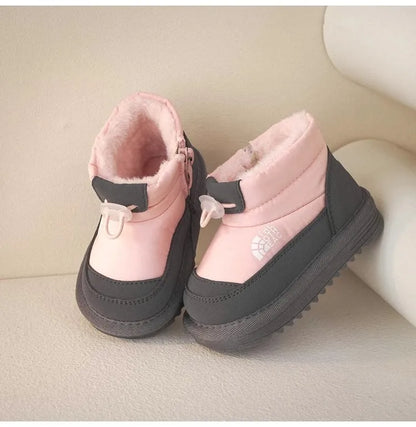 Plush-Lined Kids Snow Boots with Side Zippers and Chunky Platform Soles, Boys and Girls Winter Ankle Boots in Pink, Black and Ivory