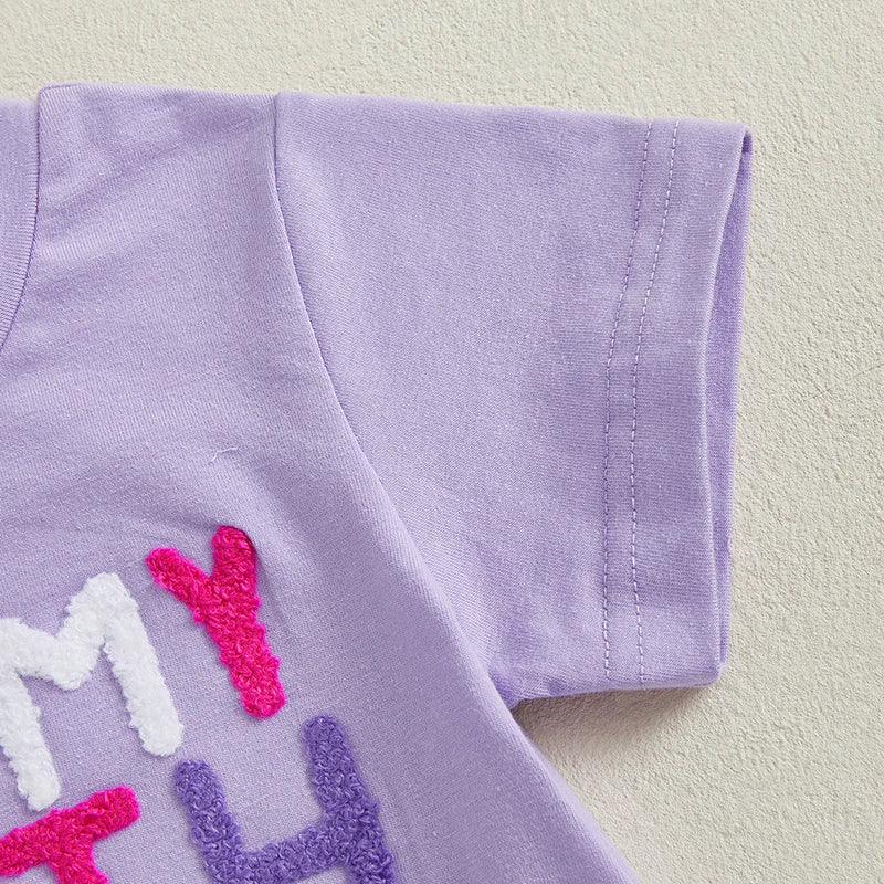 Toddler Girl Birthday Outfit with Purple Embroidered Tee and Pastel Rainbow Tulle Skirt, Two-Piece Party and Photo Set, 12 Months-6 Years
