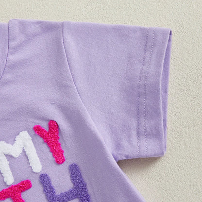 Toddler Girl Birthday Outfit with Purple Embroidered Tee and Pastel Rainbow Tulle Skirt, Two-Piece Party and Photo Set, 12 Months-6 Years
