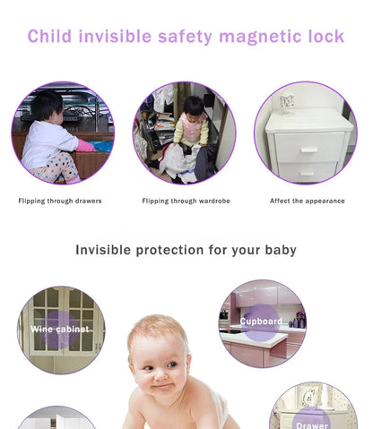Magnetic Cabinet Safety Locks with Hidden Interior Latches and No-Drill Adhesive Installation for Compatible Drawers and Cupboard Doors