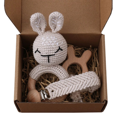 Crochet Animal Rattle Set with Wooden Ring and Coordinating Accessories, Rabbit, Deer and More Designs for Supervised Play and Baby Shower Gifts