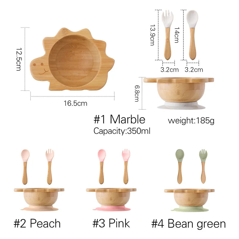Bamboo Baby Suction Bowl and Tableware Options, Sun, Cloud and Dinosaur Designs with Single-Piece or 3-Piece Wooden-Handle Utensil Sets