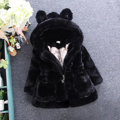 Girls Faux Fur Winter Coat with Bear Ear Hood and Zip Front, Plush-Look Toddler Jacket in Red, Beige, Black or Pink, Sizes 2T–7T