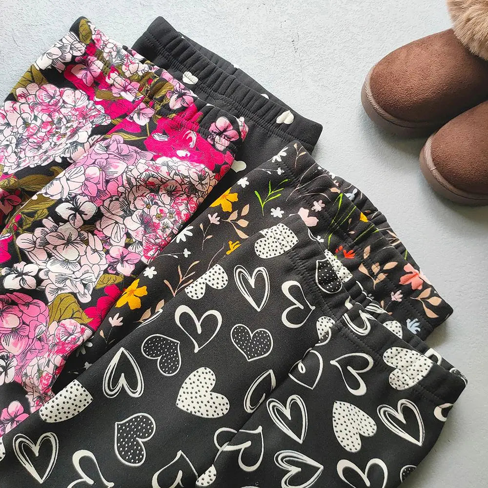 Printed Lined Leggings for Girls, Plush-Textured Winter Pants with Floral Heart and Pattern Options for Toddler and Kids Outfits, Sizes 2-3T to 10-11