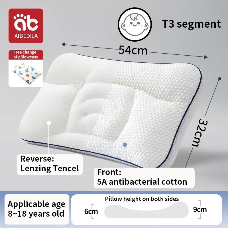 Dual-Sided Kids Contour Pillow with Five-Zone Design, Bamboo Fabric and Tencel Cover, Fiber Filling and T1 T2 T3 Pillowcase Options for Older Children