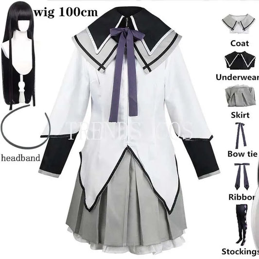 Akemi Homura Cosplay Uniform with White Coat, Gray Skirt, Purple Bows and Stockings, Anime Character Outfit for Halloween and Convention Events