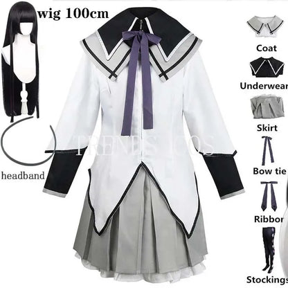 Homura Akemi Costume Set with Coat, Skirt, Bows and Stockings, Anime Cosplay Uniform with Optional 100 cm Wig for Halloween and Conventions