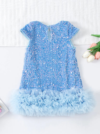 Girls Sequin Party Dress, Short Sleeve Sparkle Dress with Fluffy Mesh Ruffle Hem and Cotton Blend Lining for Birthdays and Holiday Photos, 2T-6T