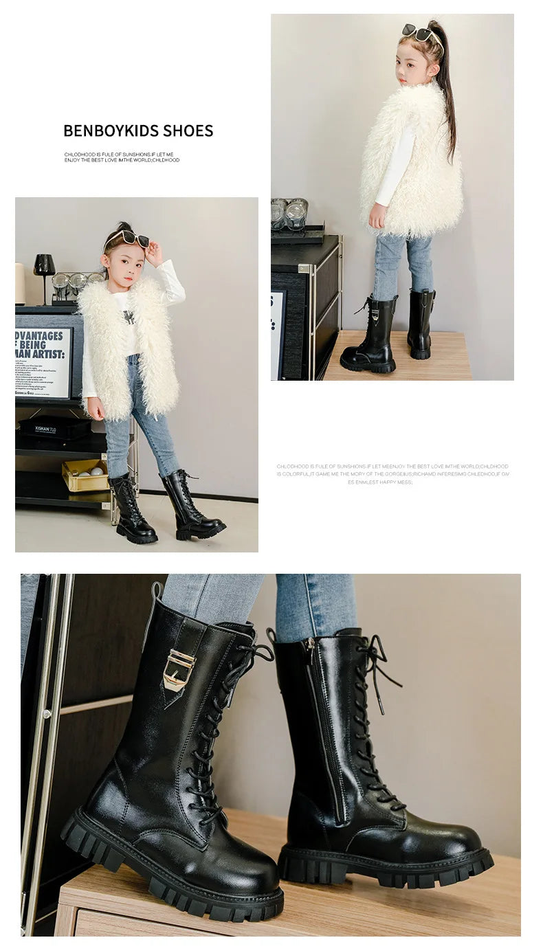 Girls Buckle Detail Tall Boots with Lace-Up Front and Side Zippers, Chunky Lug-Style Soles and Round Toes for Casual Fall Outfits
