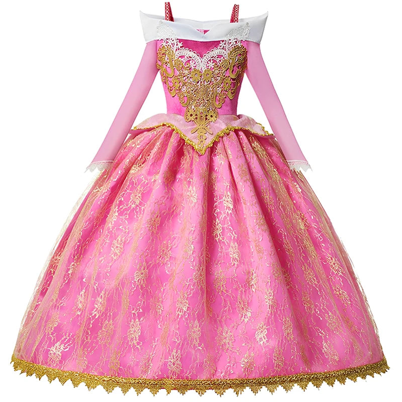 Pink Princess Costume Dress for Girls with Gold-Tone Detailing and Long Sleeves, Aurora-Inspired Party Dress-Up with Selectable Bundle Options