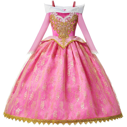 Pink Princess Costume Dress for Girls with Gold-Tone Detailing and Long Sleeves, Aurora-Inspired Party Dress-Up with Selectable Bundle Options